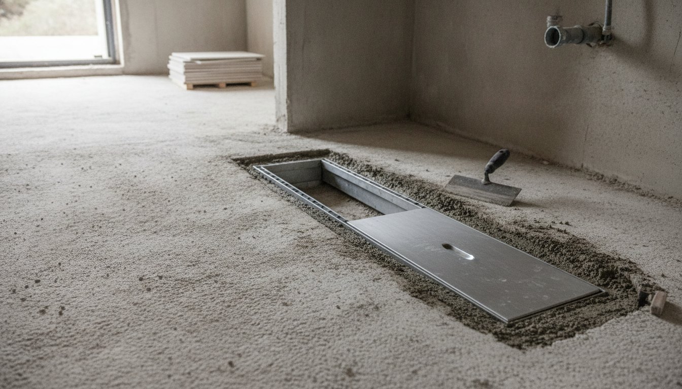 Pedreiro instalando uma calha de ralo linear metálica no contrapiso de um banheiro em obras.