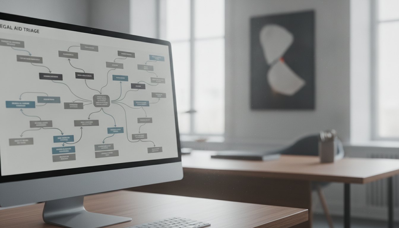 Tela de computador exibindo painel de controle com fluxogramas de triagem de atendimento jurídico.