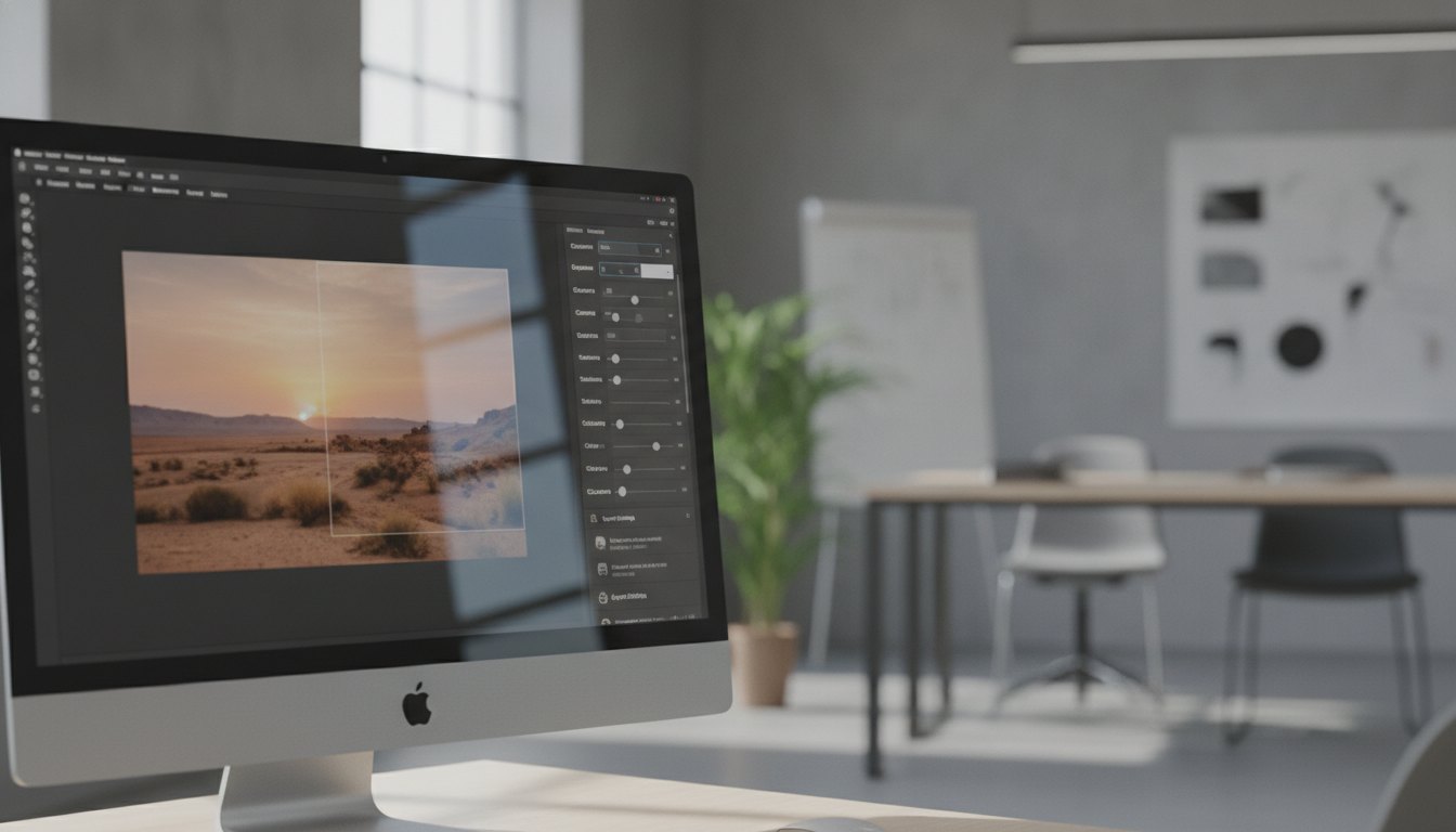 Tela de computador exibindo um software de edição de fotos com ajustes de qualidade e exportação.