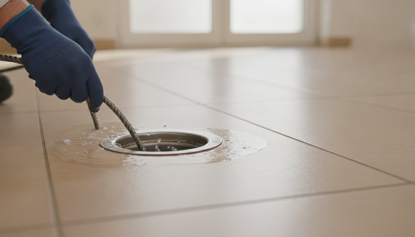 Profissional com luvas manuseando cabo flexível para desobstrução de ralo em piso de cerâmica clara.