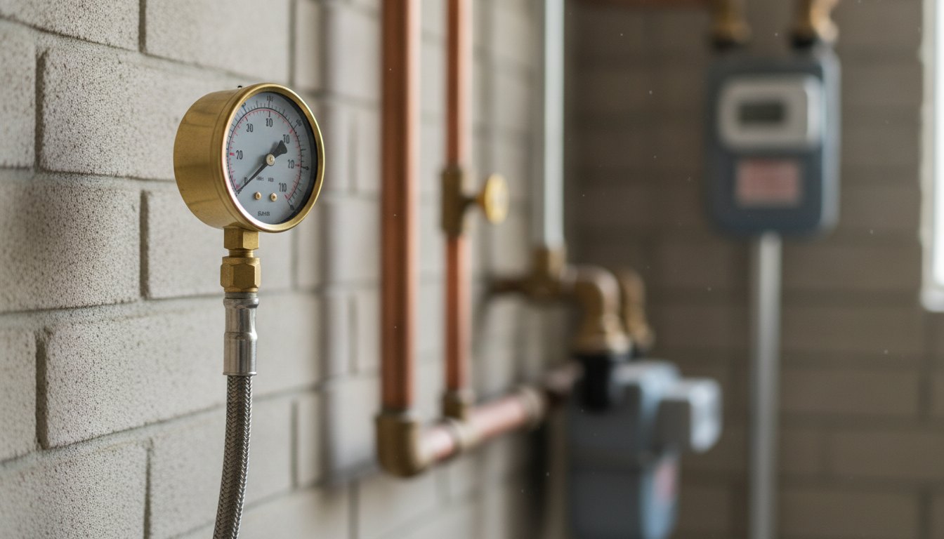 Profissional utiliza manômetro conectado a um cano na parede para medir pressão.