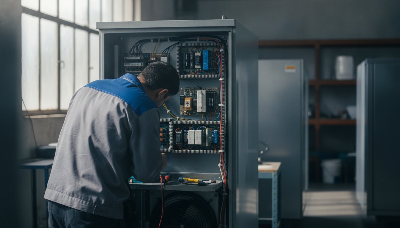 Profissional de uniforme inspecionando o painel de componentes elétricos na parte traseira de um refrigerador.