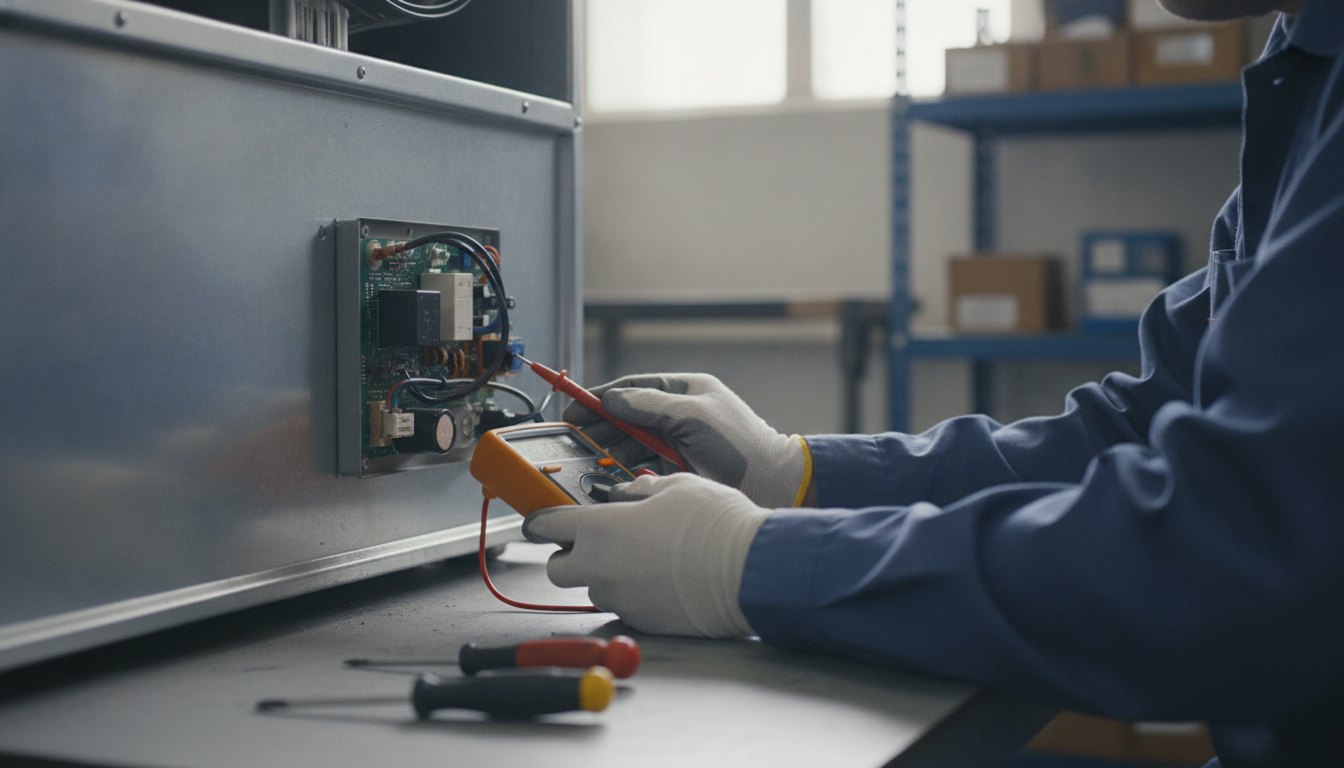 Técnico utilizando um multímetro digital para testar componentes eletrônicos na parte traseira de um refrigerador.