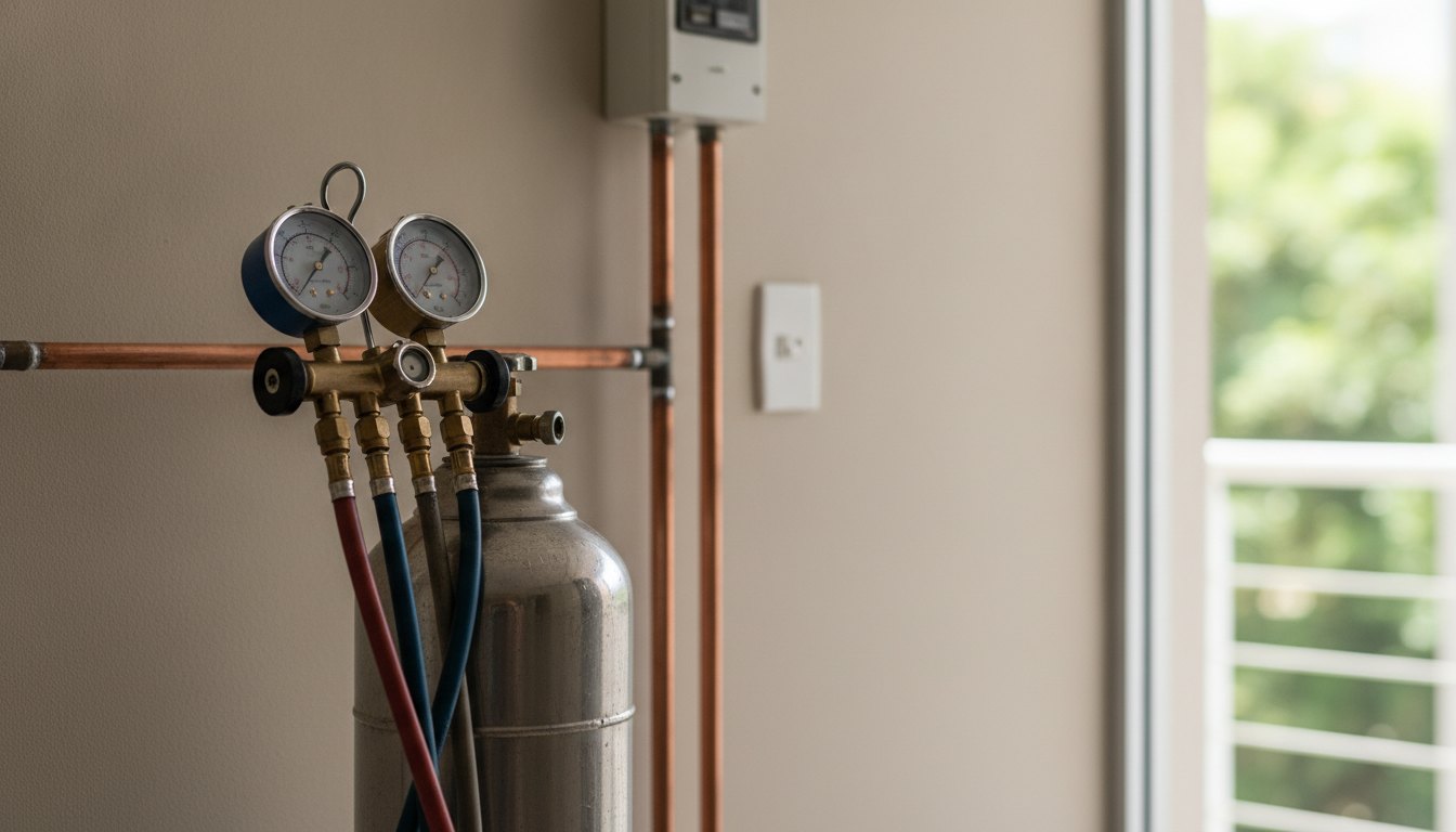 Técnico utilizando manômetro e cilindro metálico para testar a pressão em tubulação de cobre residencial