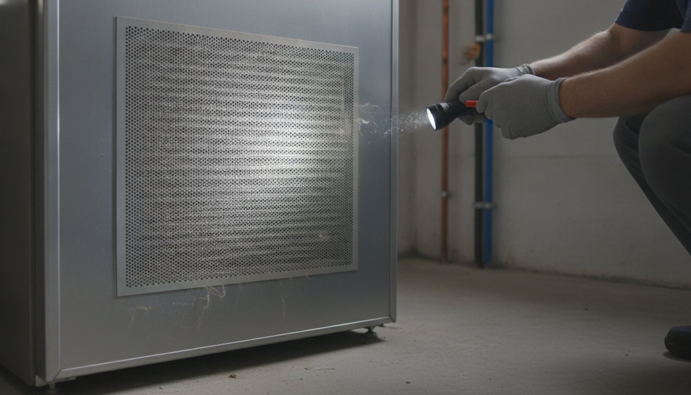 Técnico inspeciona as grades de ventilação na parte traseira de um refrigerador doméstico.